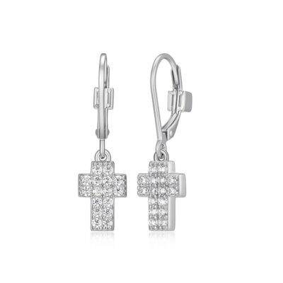 ELLE Sterling Silver HUMANITY Cubic Zirconia Cross Leverback Dangle Earrings - Silver