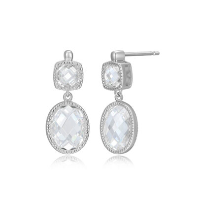 ELLE Sterling Silver ESSENCE Checkboard Cut Oval Cushion Cubic Zirconia Stud Earrings - Silver