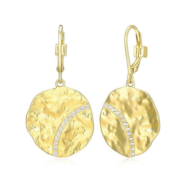 ELLE Sterling Silver GALAXY Matte Texture Disc 3A Cubic Zirconia Dangle Leverback Earrings - Gold