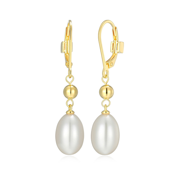 ELLE Sterling Silver GENESIS Oval White Pearl and Silver Bead Dangle Leverback Drop Earrings - Gold