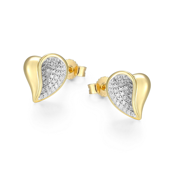 ELLE Sterling Silver AMOUR Pave Cubic Zirconia Heart  Two Tone Stud Earrings