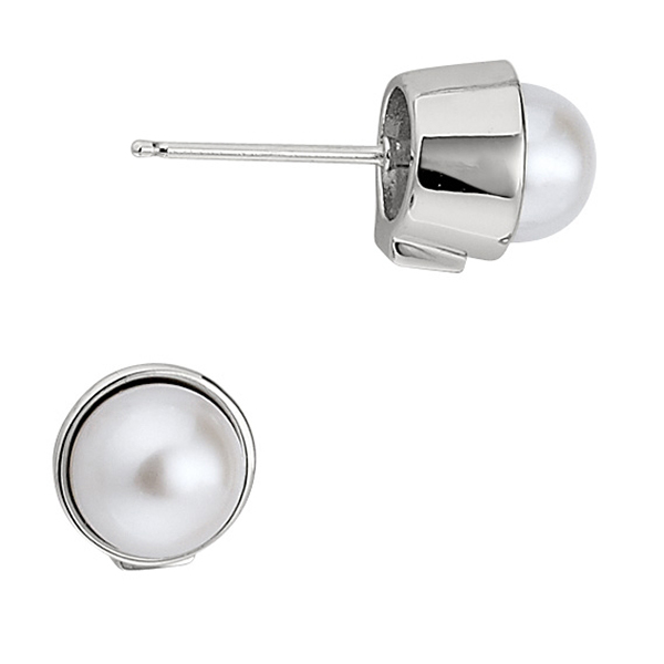 ELLE Sterling Silver Genuine White Pearl Stub Earrings - Silver