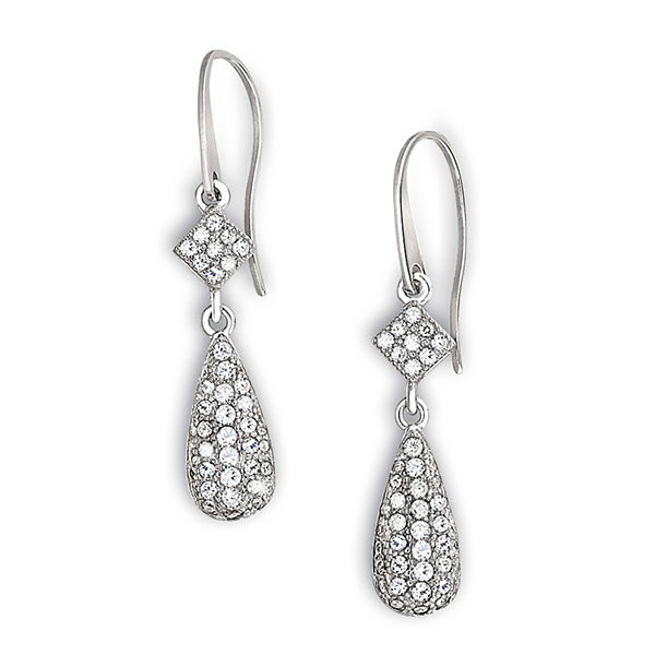 ELLE Sterling Silver  Micro Pave Cubic Zirconia Teardrop Fishhook Earrings - Silver
