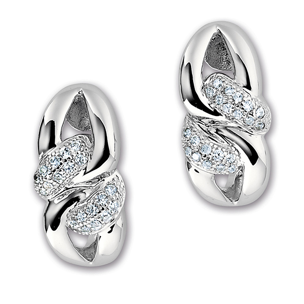 ELLE Sterling Silver  Micro Pave Cubic Zirconia Twist Half Hoop Post Earring - Silver