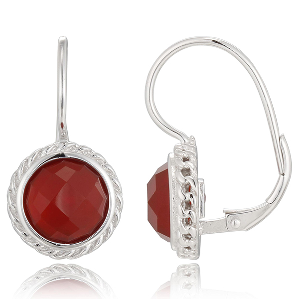 ELLE Sterling Silver Red Agate with Curb Chain Detail Euro Wire Earrings - Silver