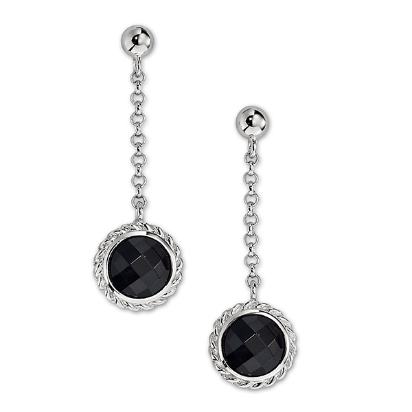 ELLE Sterling Silver Black Agate with Curb Chain Detail Long Chain Post Earrings - Silver