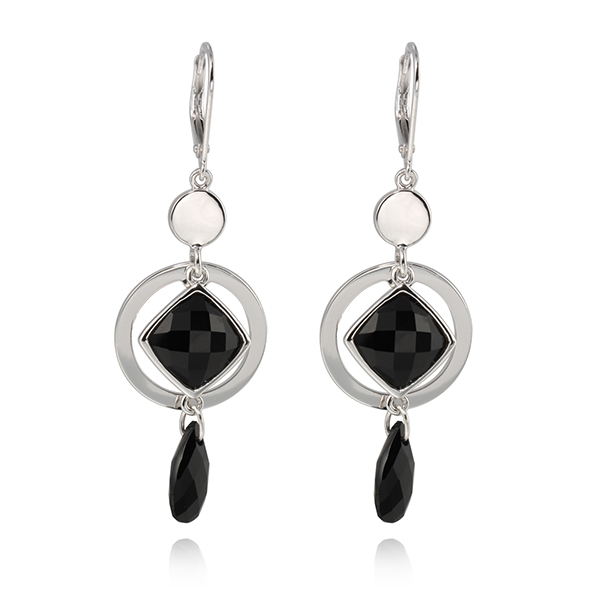 ELLE Sterling Silver Black Agate Dangle Leverback Earrings - Silver