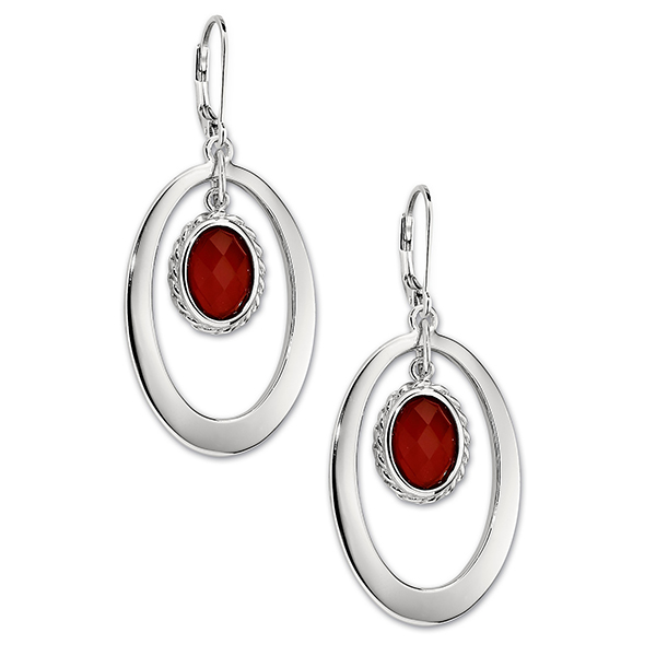 ELLE Sterling Silver Red Agate Oval Leverback Earrings - Silver