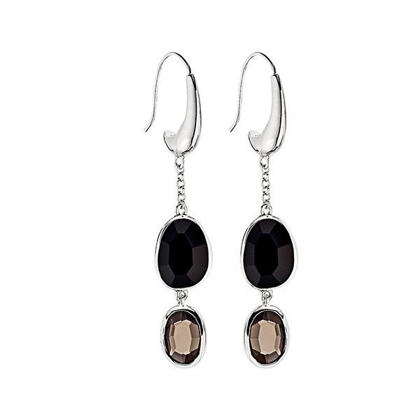 ELLE Sterling Silver Black Agate and Smoky Quartz Fishhook Earrings - Silver