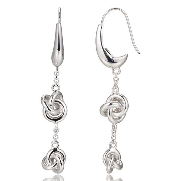 ELLE Sterling Silver Double Knot Fishhook Drop Earrings -Silver
