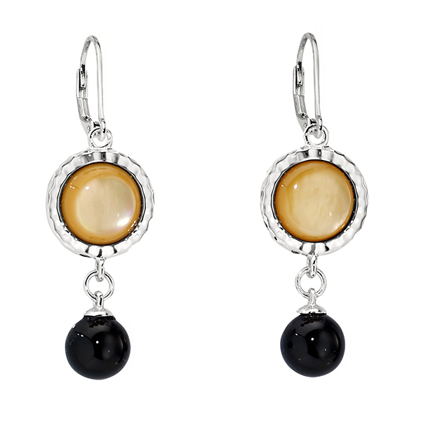 ELLE Sterling Silver  Round Black Agate and Yellow Mother of Pearl Leverback Earrings- Silver