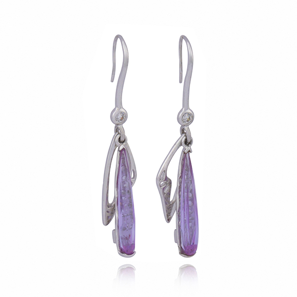 ELLE Sterling Silver Lavender Cubic Zirconia Dangle Fishhook Earrings - Silver