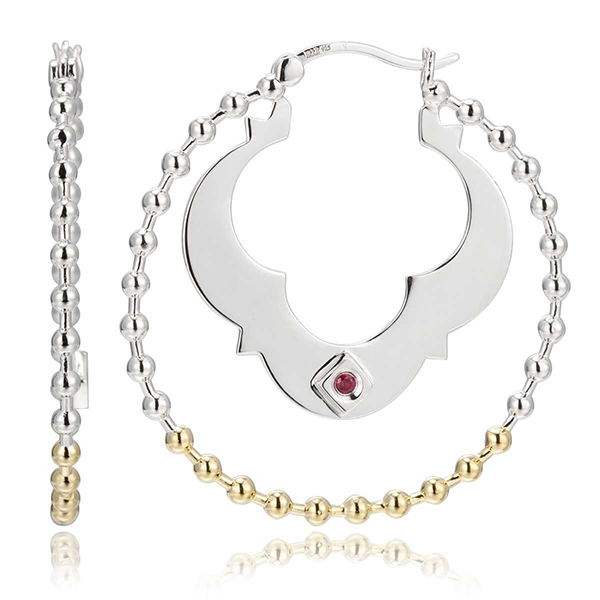 ER2LBR3A0-2T Sterling Silver Bead and Flower 44mm  Two Tone Hoop Earrings