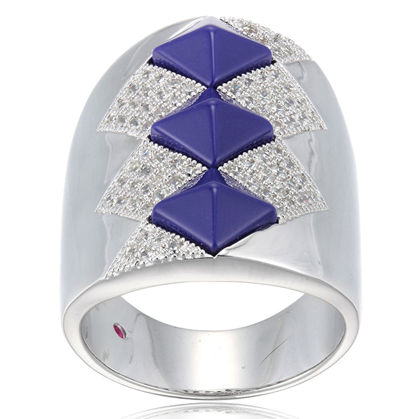 RR4L920CR-W-8 Sterling Silver Synthetic Lapis Lazuli and Micro Pave Cubic Zirconia Triple Diamond Ring Size 8
