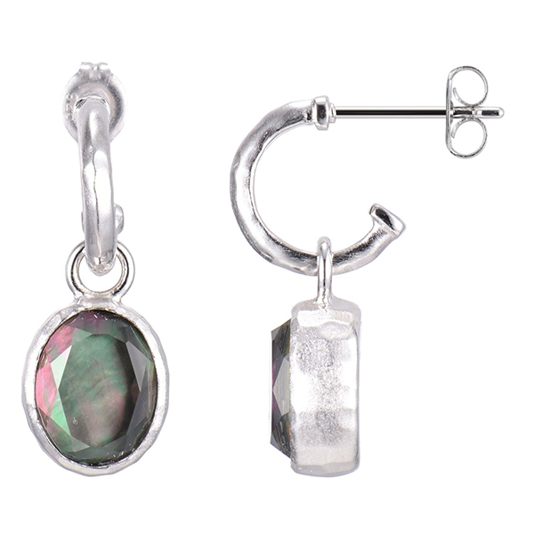 ER2LBV496-W Sterling Silver Grey Mother of Pearl and White Crystal Doublet Matt Finished Half Hoop Dangle Earrings