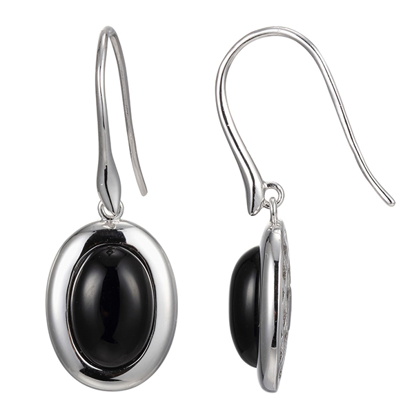 ER2LBXM27-W Sterling Silver Genuine Black Agate Oval Wire Hook Earrings