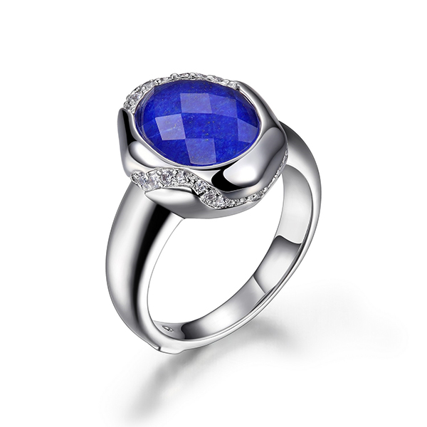 RR4LA56GV-W-6 Sterling Silver OASIS Blue Crystal Lapis and Cubic Zirconia Oval Ring Size 6