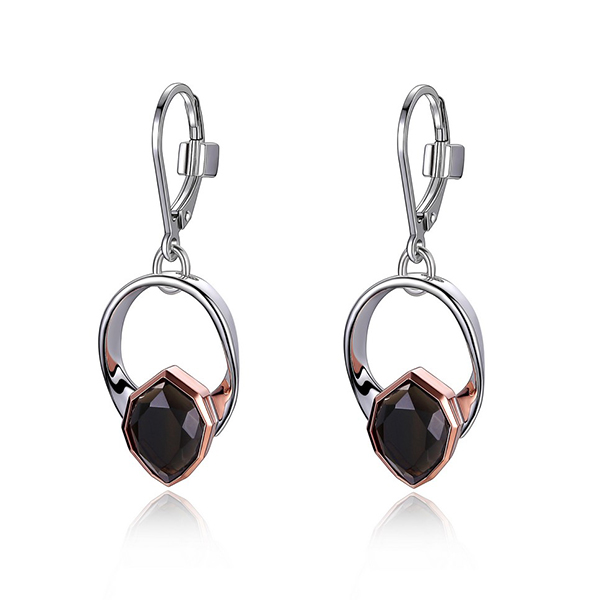 ER2LC5WDW-2T Sterling Silver Genuine  Obsidian Leverback Two Tone Earrings