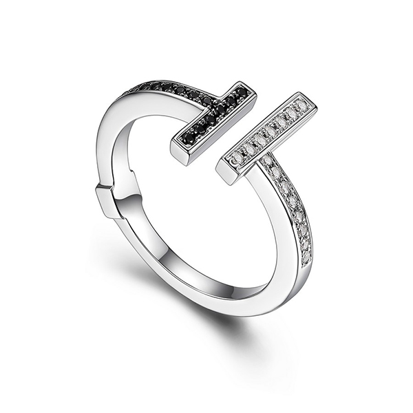 RR4LA76GK-2T-7 Sterling Silver Black Nano and White Cubic Zirconia Open T Ring Size 7