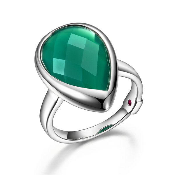 RR4LA7EA4-W-6 Sterling Silver Checkerboard Pear Shaped Genuine Green Chrysoprase Ring Size 6
