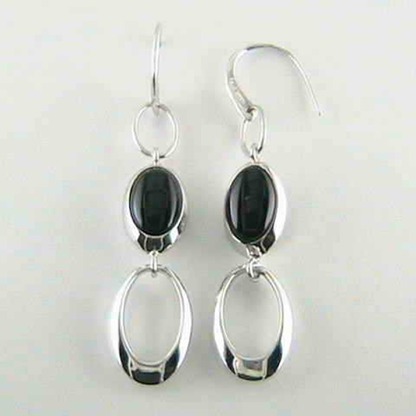 E62LA5T27-W Sterling Silver Black Agate Oval Dangle Fishhook Earrings