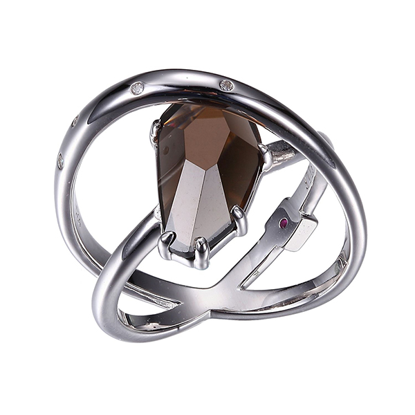 RR4LA8MCB-W-8 Sterling Silver Genuine Smoky Quartz and Cubic Zirconia Ring Size 8