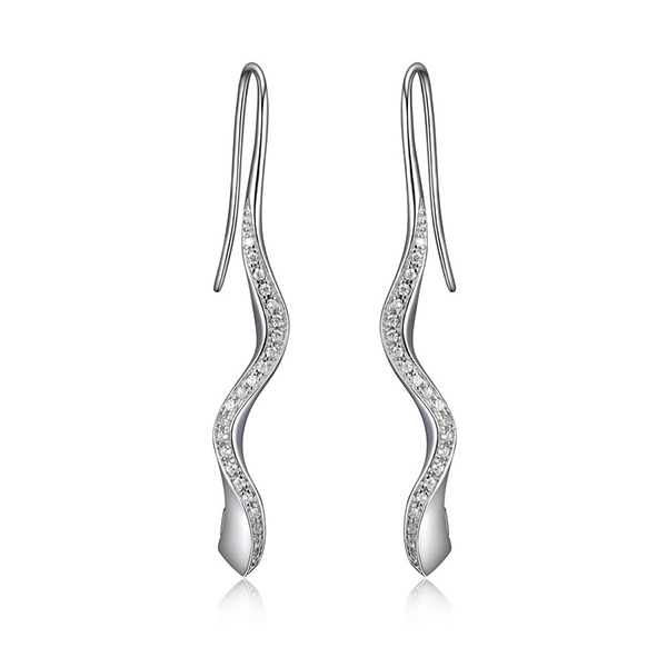 ER2LCDP00-W Sterling Silver MOON SHADOW Cubic Zirconia Wavy Bar Long Hook Earrings
