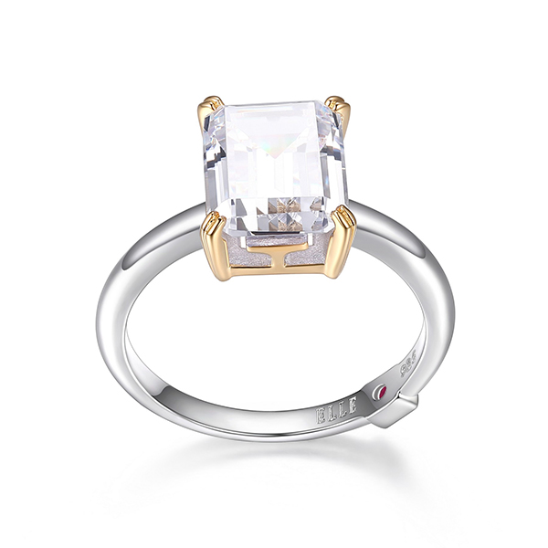 RR4LABY00-2T-8 Sterling Silver SIGNATURE Cubic Zirconia Solitaire Emerald Cut Two Tone Ring Size 8