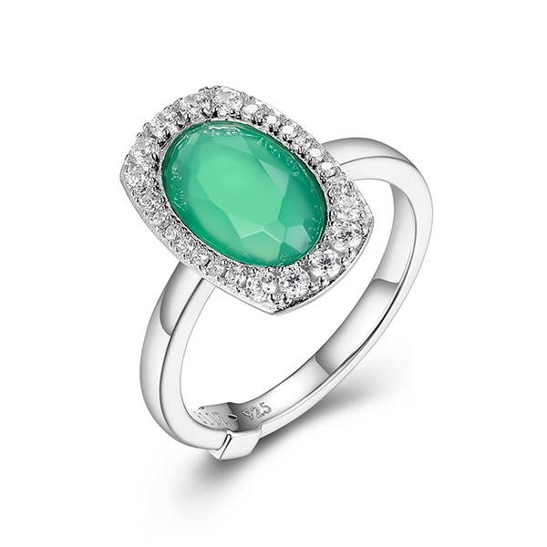 RR4LACDA4-W-6 Sterling Silver AUREOLE Oval Chrysoprase and Cubic Zirconia Ring Size 6