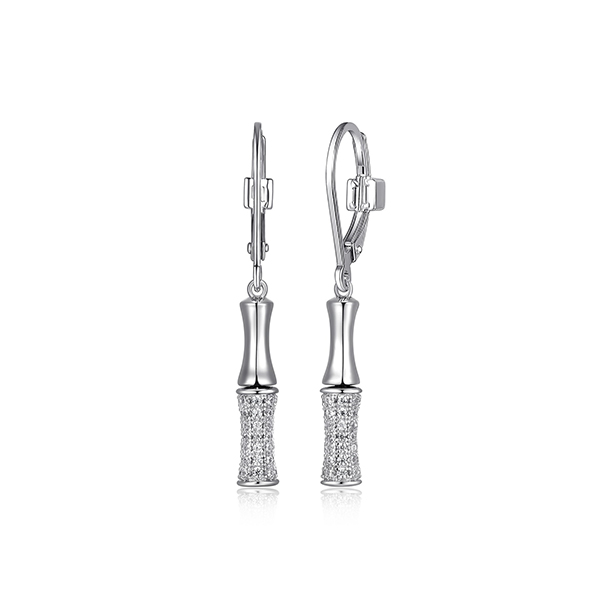 ER2LCQS00-W Sterling Silver BAMBOO Drop with Cubic Zirconia Leverback Earrings