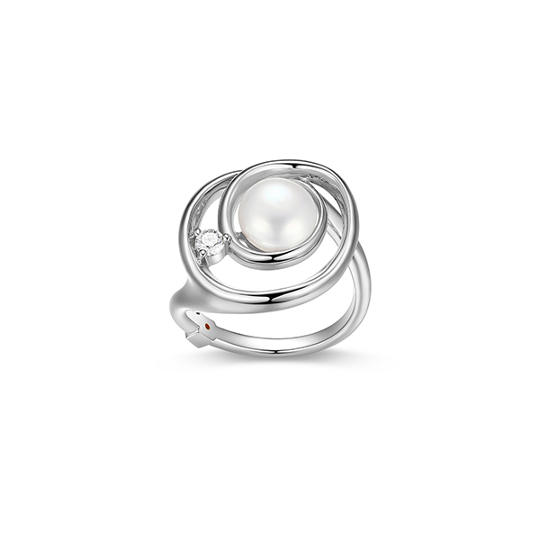 RR4LAGZ45-W-9 Sterling Silver SATELITE White Pearl and Moissanite Circle Ring Size 9