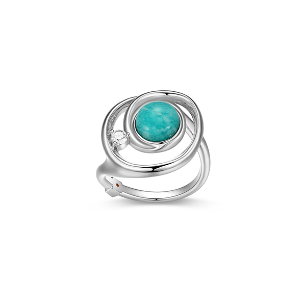 RR4LAGZGU-W-9 Sterling Silver SATELITE Peru Amazonite and Moissanite Circle Ring Size 9