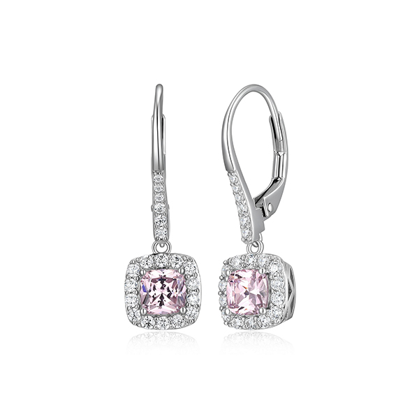 ER2LCRP06-W Sterling Silver RADIANCE Cushion Pink Cubic Zirconia Halo Drop Leverback Earrings