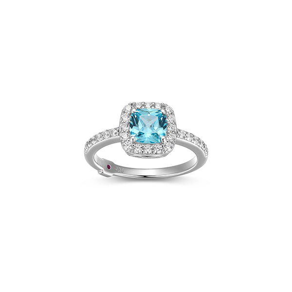 RR4LAHP25-W-8 Sterling Silver RADIANCE 6mm Cushion Cut Blue Cubic Zirconia Halo Ring Size 8