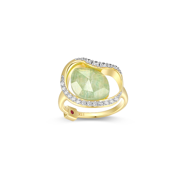R34LAHN96-2T-8 Sterling Silver TREASURE White Crystal and Amazonite Doublet Oval Stone with CZ Two Tone Ring Size 8