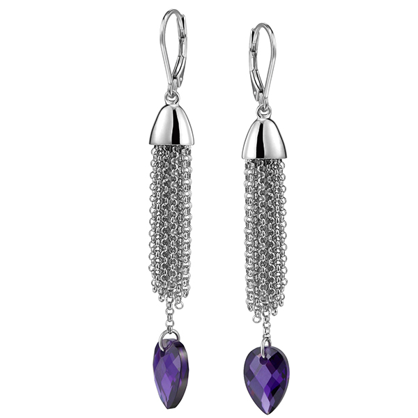 ER2LBGP24-W Sterling Silver Purplr Cubic Zirconia Tassel Leverback Earrings