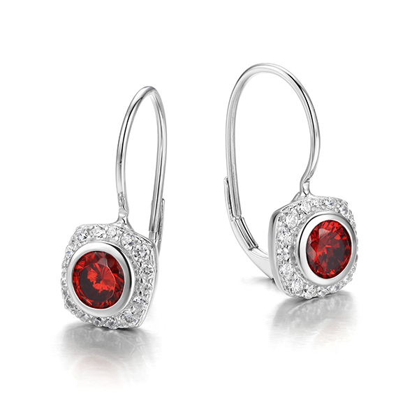 ER2LBKY41-W Sterling Silver Garnet and Clear Cubic Zirconia Euro Wire Earrings