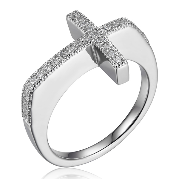 RR4L89100-W-6 Sterling Silver HUMANITY Cubic Zirconia Sideways Cross Ring Size 6
