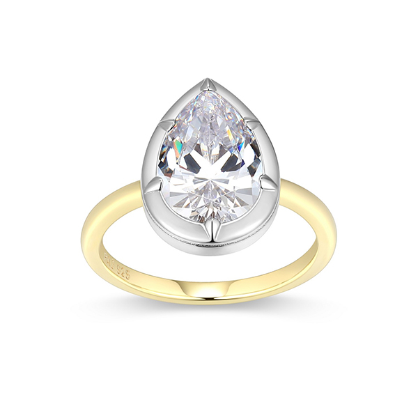 RR4ATSD97-2T-8 Sterling Silver  Cubic Zirconia Bezel Set Pear Shaped Solitaire Two Tone Ring Size 8