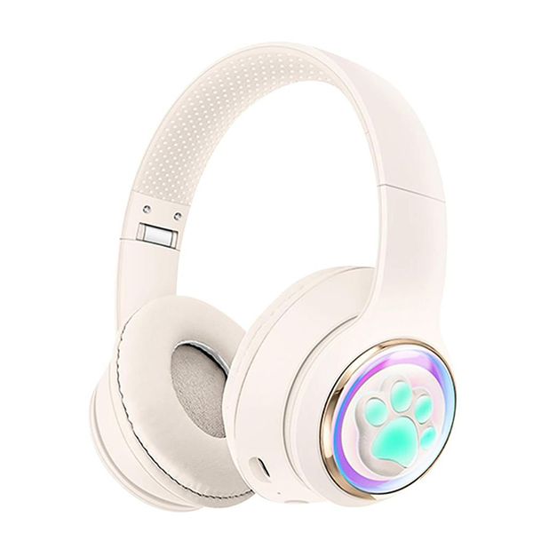 Cute Cat Paw LED Light Bluetooth Headphones - Over-Ear Gaming Headset for PC, Phone & Tablet KIAKZ61 for Universal Cell Phone And Bluetooth Device - White