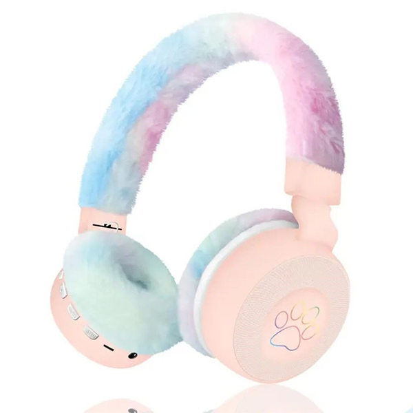 Fluffy Over-Ear Bluetooth Headphones with LED Paw Design - Pink