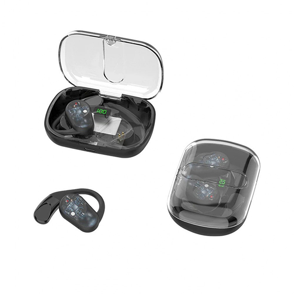 Open-Ear Hook Design Bluetooth Headset - Transparent, Modern Sleek Look with Intelligent Display KIOWS80 for Universal Cell Phone And Bluetooth Device - Black